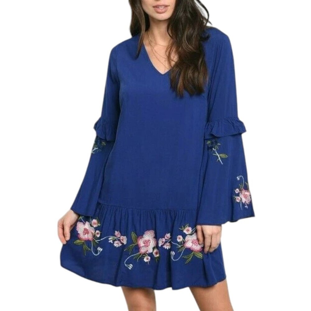 Floral Embroidered Ruffle Hem Mini Dress‎ Tunic Top Bell Sleeves Blue Boho Fairy